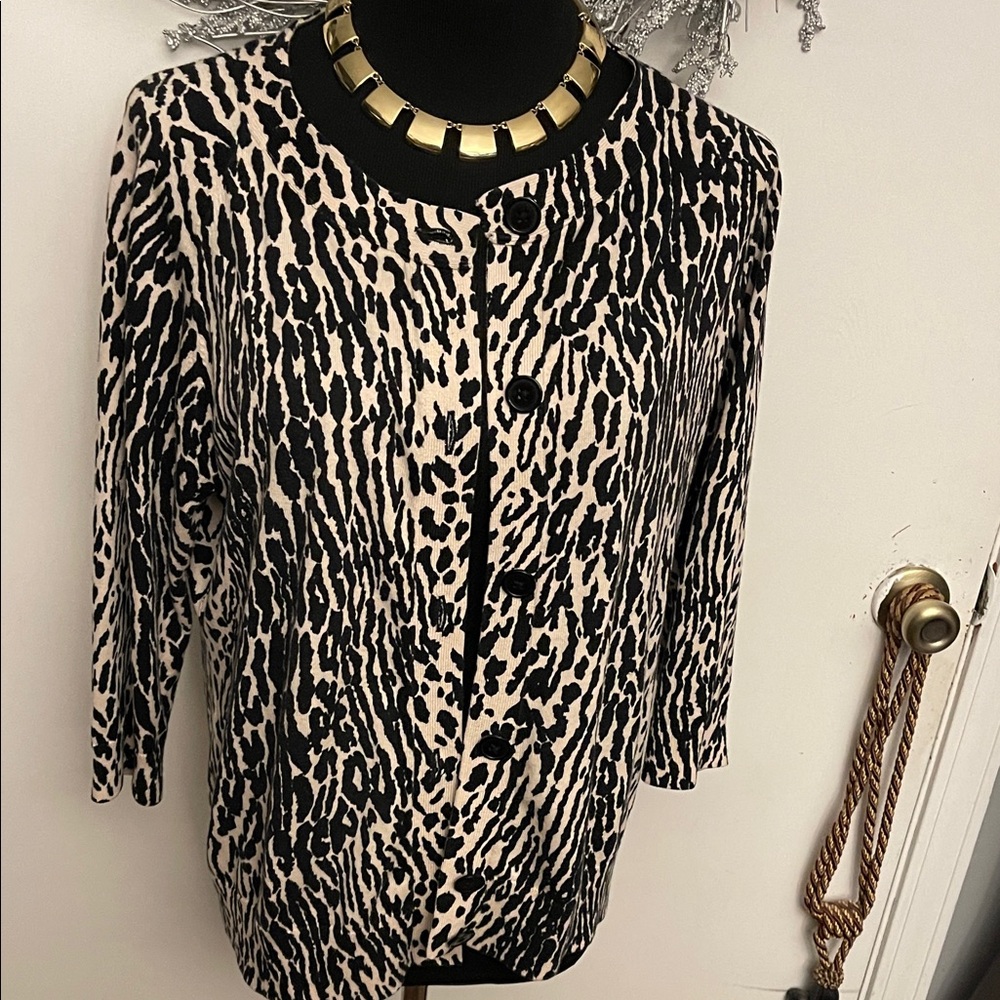 Talbots Black and Cream Animal Print Cardigan